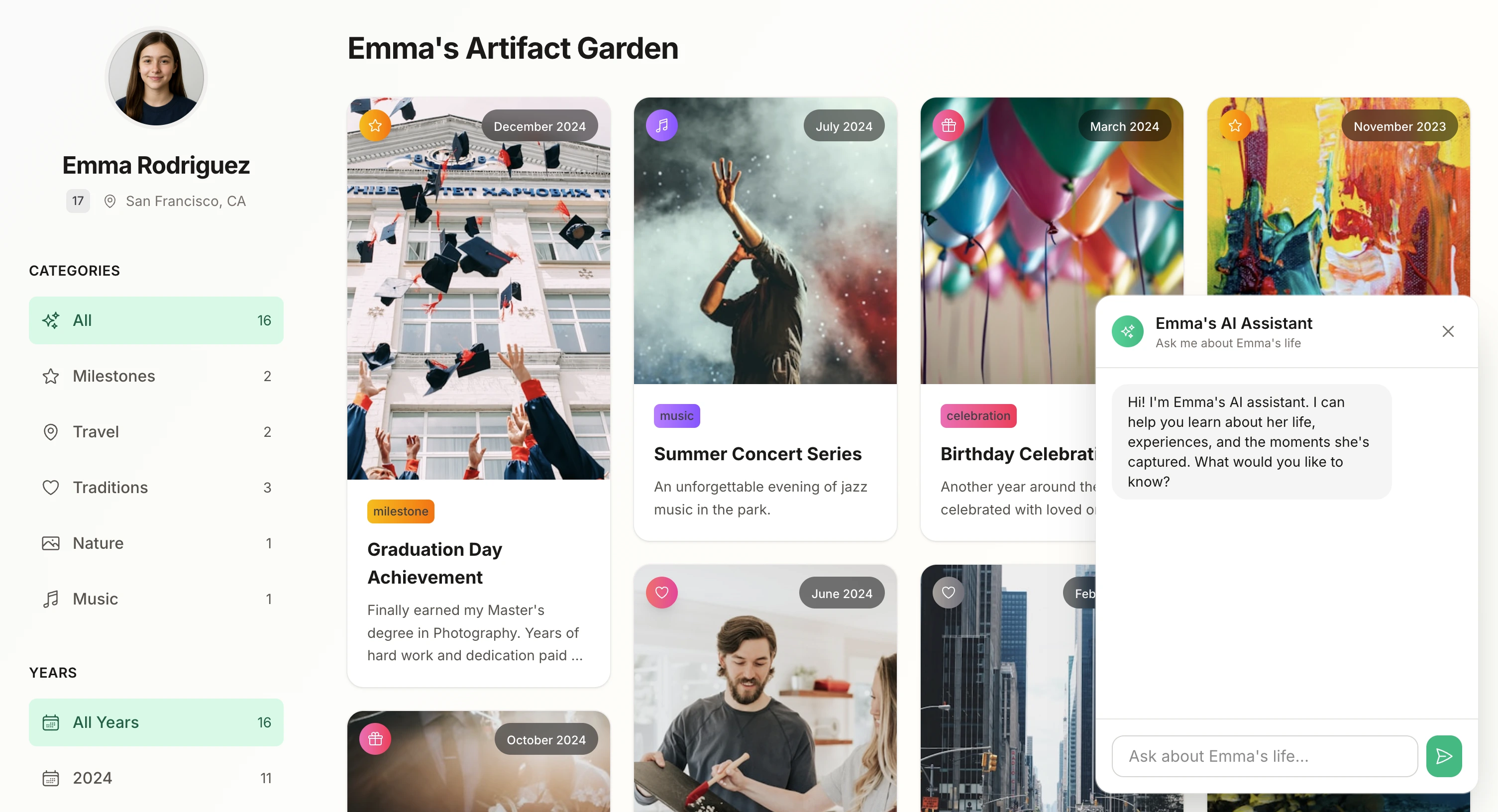 Artifact Garden app interface showing organized photos and documents